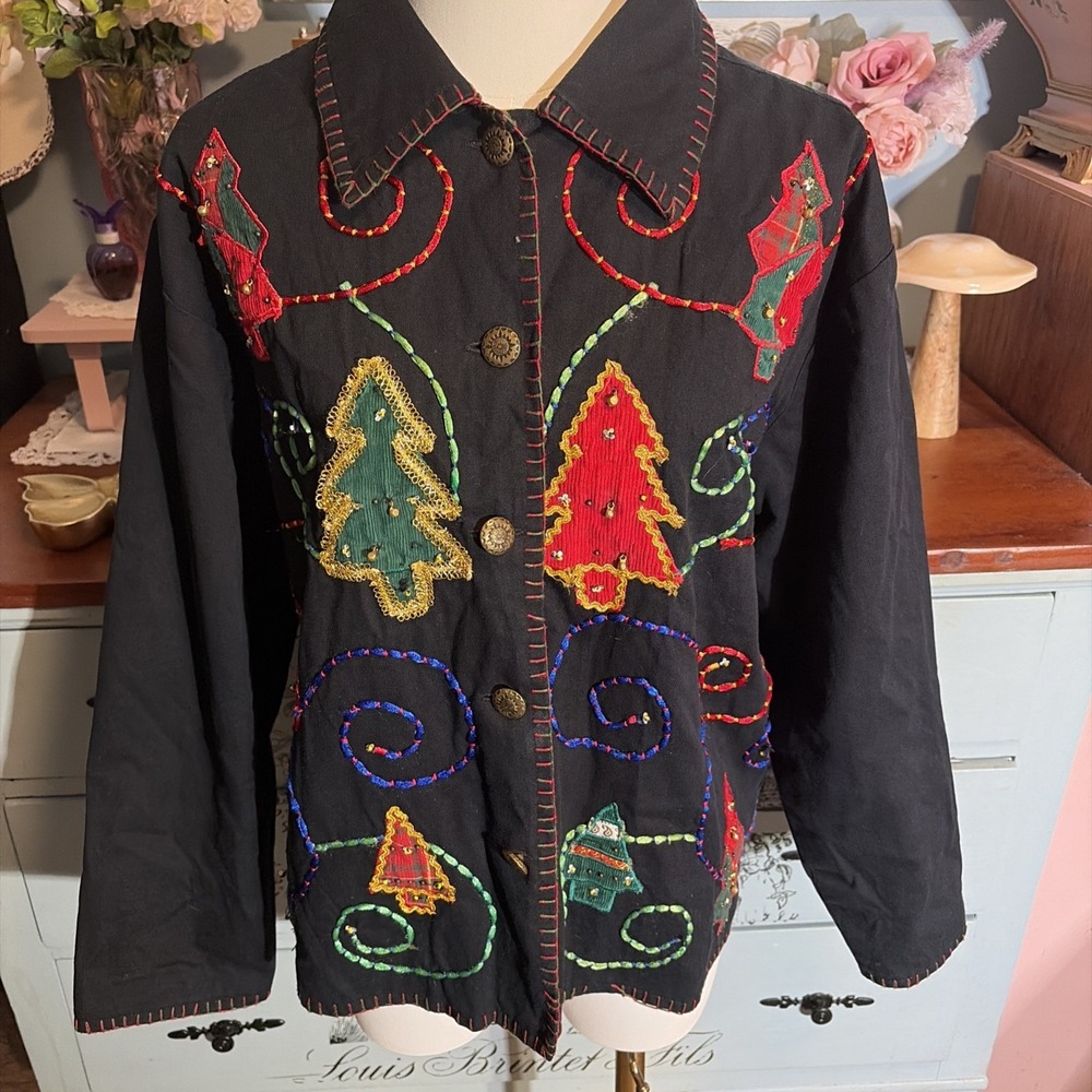 New Direction Women L Christmas Tree Embroidered Jacket Black Holiday.
